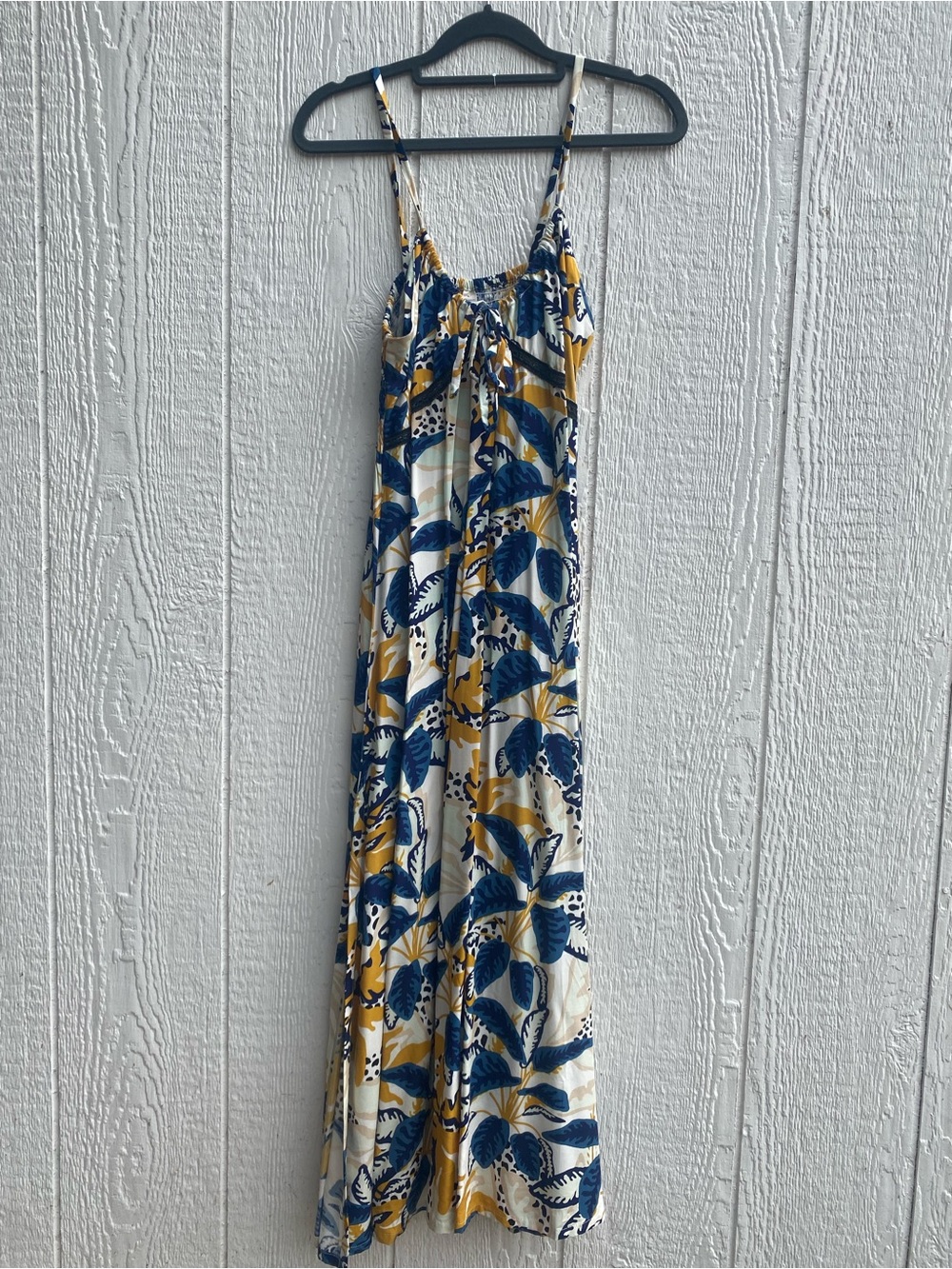 Valia Blue and Yellow Leaf Print Maxi Dress